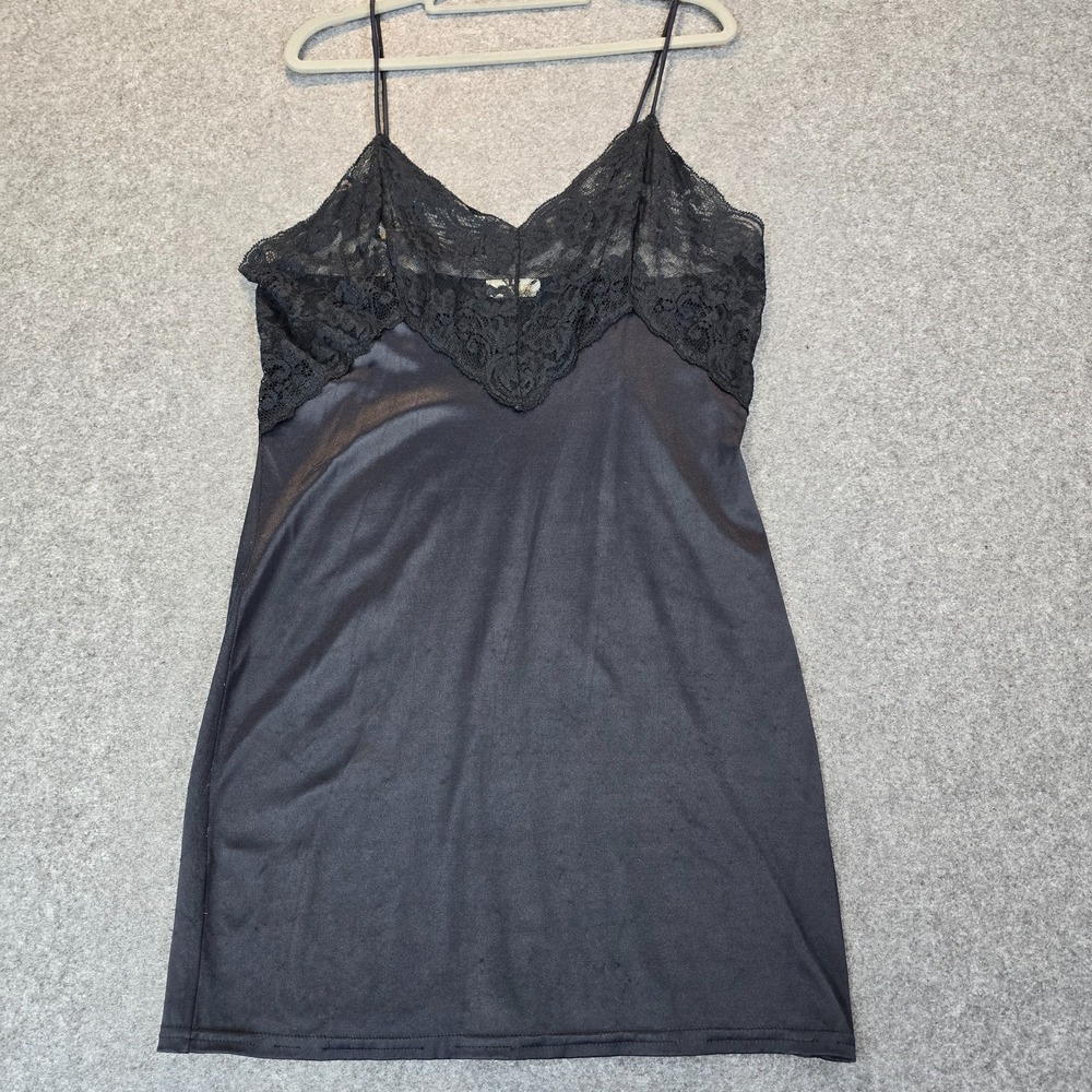 Escapades Satin Nightdress Womens Black Adjustable Straps Floral Lace V Neck